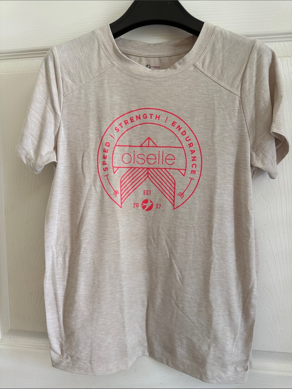 oiselle Cream Short-Sleeve Tee with Pink Logo